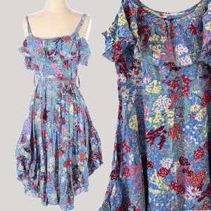 Abel the Label Anthropologie Blue Candy Florals Mini Ruffle Dress XS